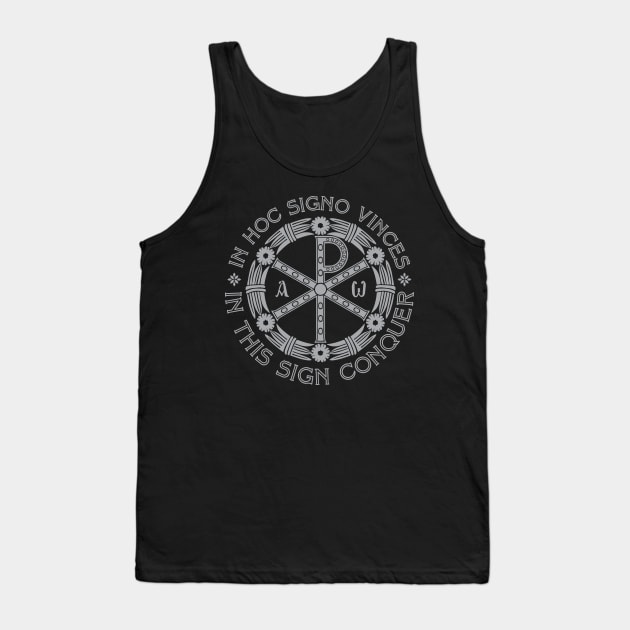 In Hoc Signo Vinces | In this Sign Conquer | Chi Rho | Grey on Black Tank Top by EkromDesigns